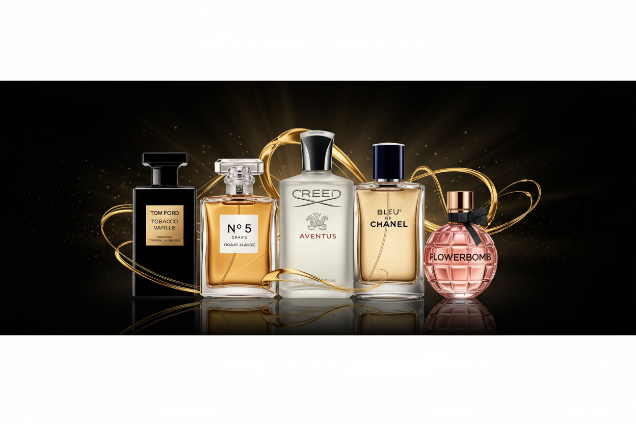 Luxury fragrance collection with Tom Ford, Chanel, Creed, and Flowerbomb